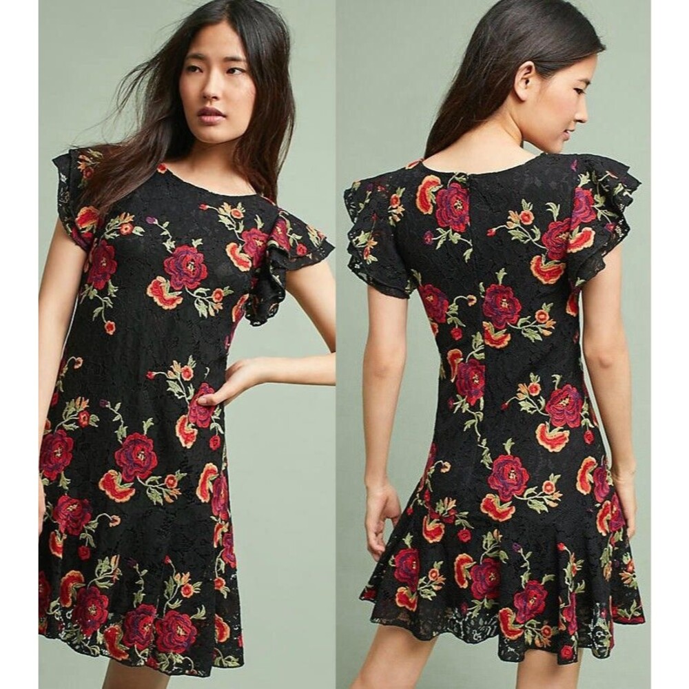 Eva Franco Anthropologie Poppy Floral Lace Dress Black Red Women’s 8
